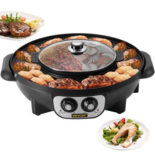 VEVOR 2 in 1 Electric Grill and Hot Pot, 2200W BBQ Pan Grill and Hot Pot, Multifunctional Teppanyaki Grill Pot with Dual Temp Control, Smokeless Hot Pot Grill with Nonstick Coating for 1-8 People