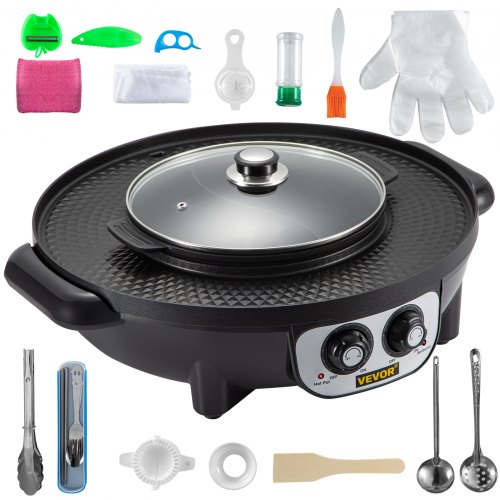 VEVOR 2 in 1 Electric Grill and Hot Pot, 2200W BBQ Pan Grill and Hot Pot, Multifunctional Teppanyaki Grill Pot with Dual Temp Control, Smokeless Hot Pot Grill with Nonstick Coating for 1-8 People