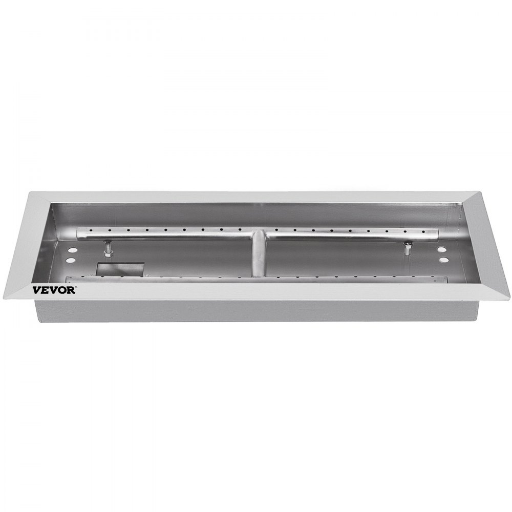 rectangular stainless steel VEVOR fire pit pan with clean edges and burner holes.