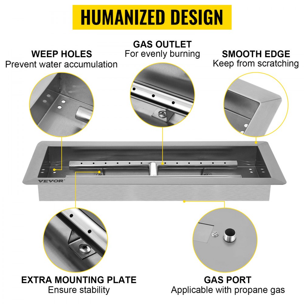 VEVOR fire pit pan with smooth edge, gas outlet, and extra mounting plate.