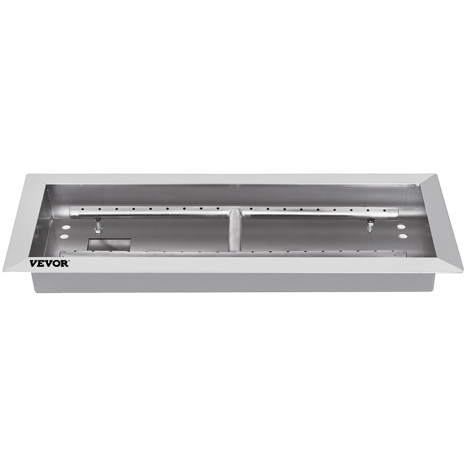 rectangular stainless steel VEVOR fire pit pan with clean edges and burner holes.