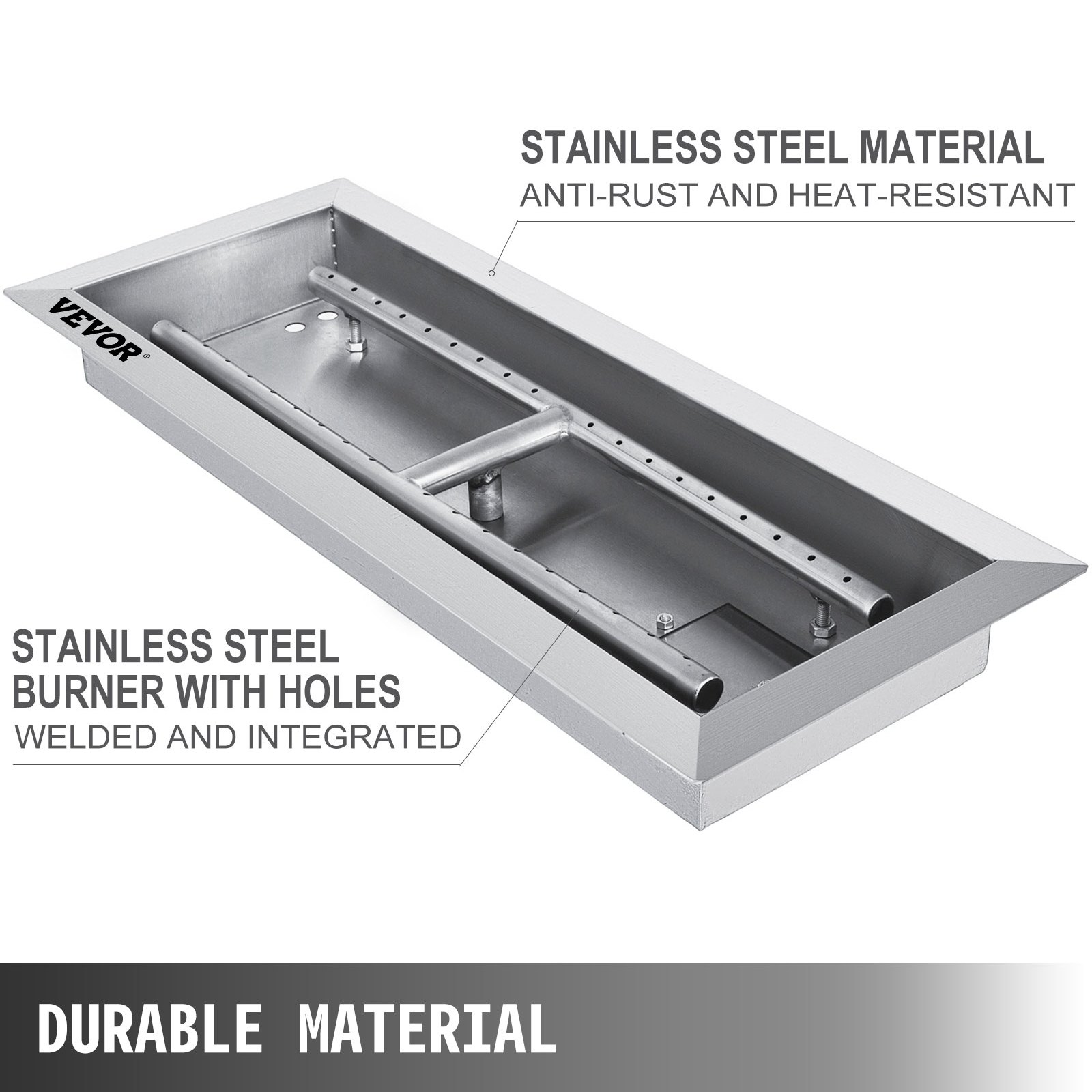 VEVOR fire pit pan with stainless steel material, anti-rust and heat-resistant.