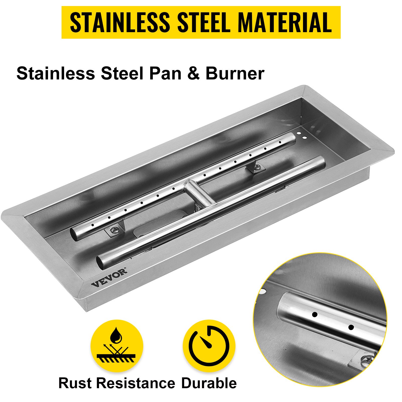 VEVOR fire pit pan and burner, stainless steel, rust-resistant and durable.