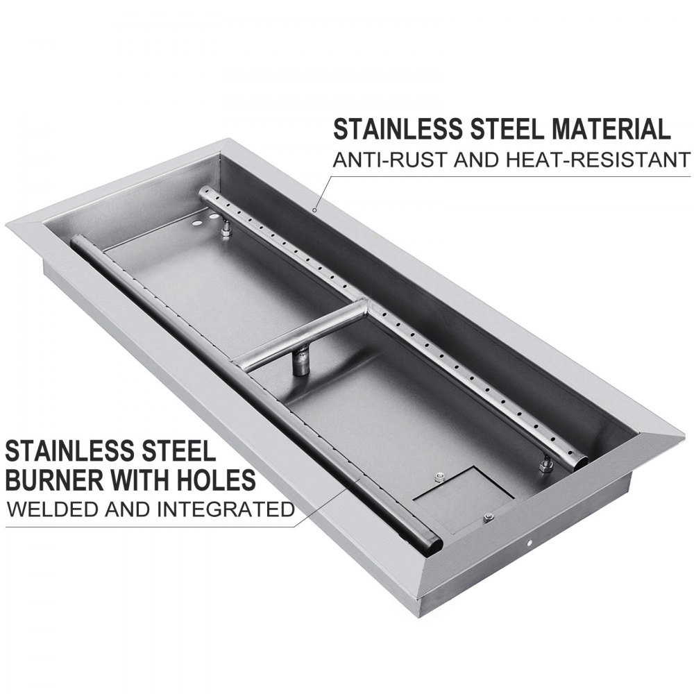 VEVOR stainless steel fire pit pan with heat-resistant, anti-rust material, and welded burner.