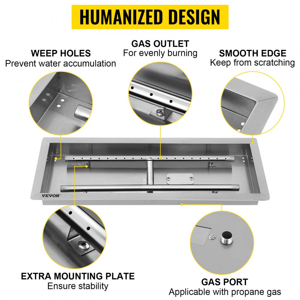 VEVOR stainless steel fire pit pan with weep holes, gas outlet, smooth edge, mounting plate.