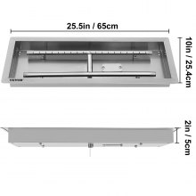 VEVOR 25.5x10 Inch Stainless Steel Rectangular Built-in Fire Pit Pan with H-Burner 90K BTU, Silver