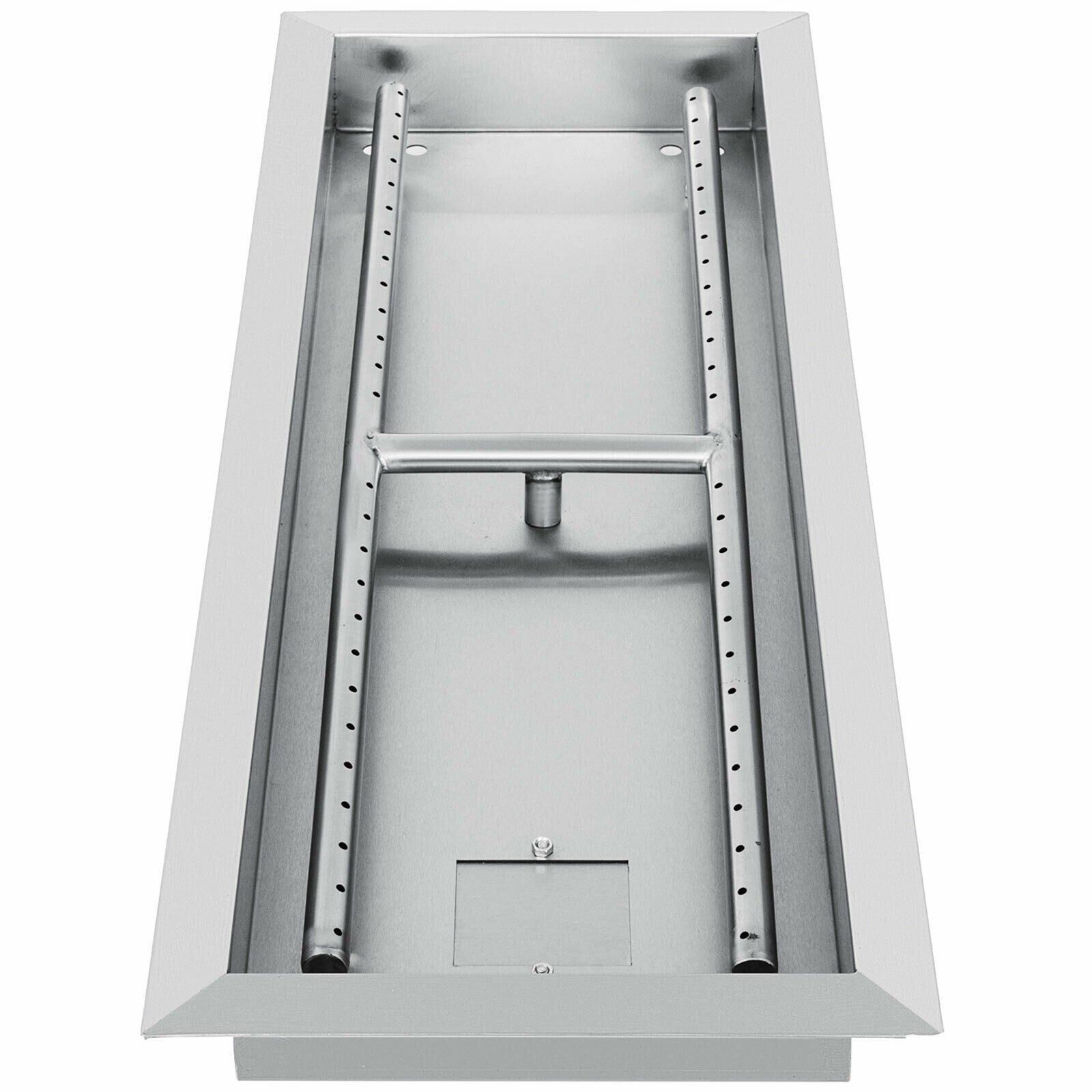 VEVOR stainless steel fire pit pan with rectanglular design and burner holes.