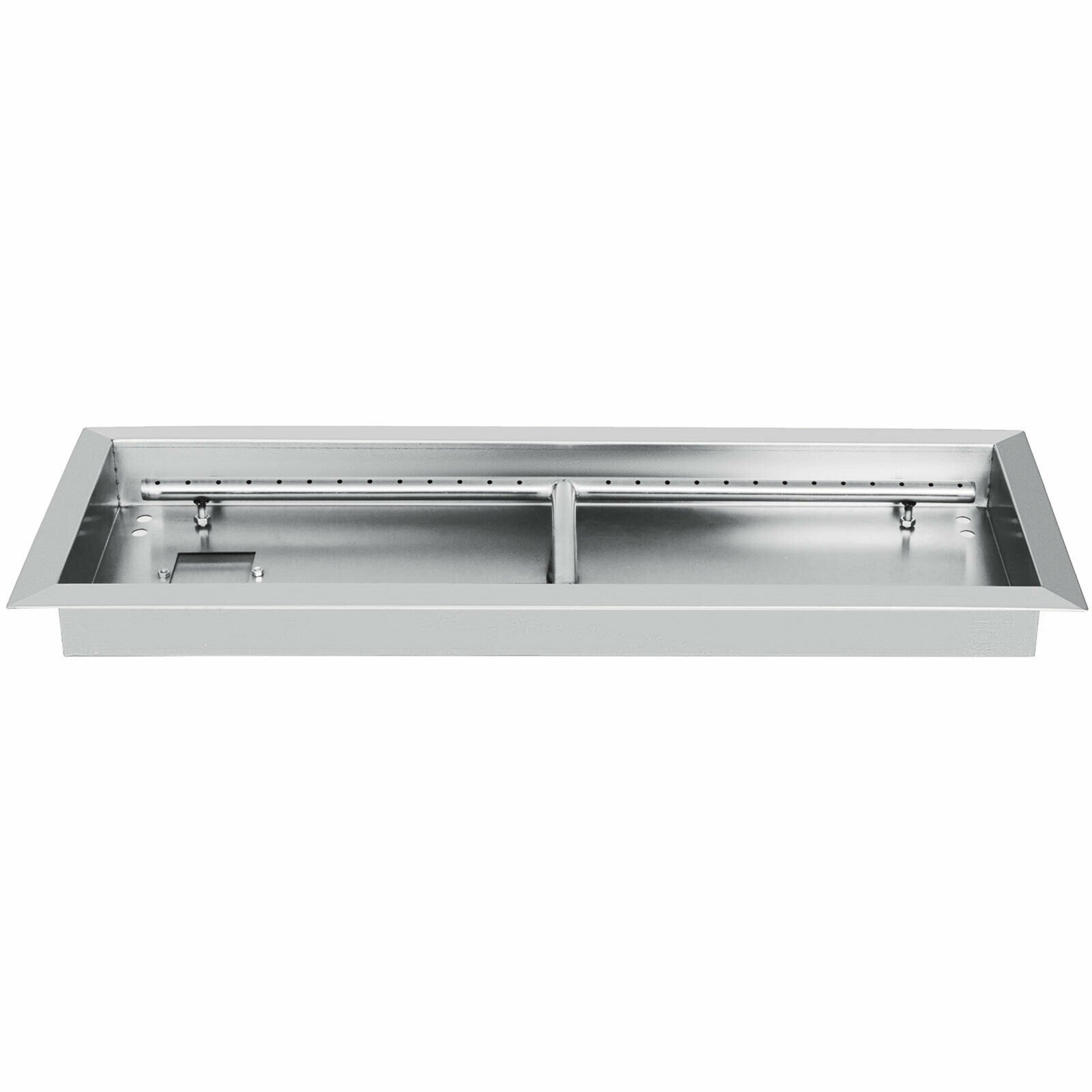 VEVOR stainless steel fire pit pan with burner and sleek rectangular design.