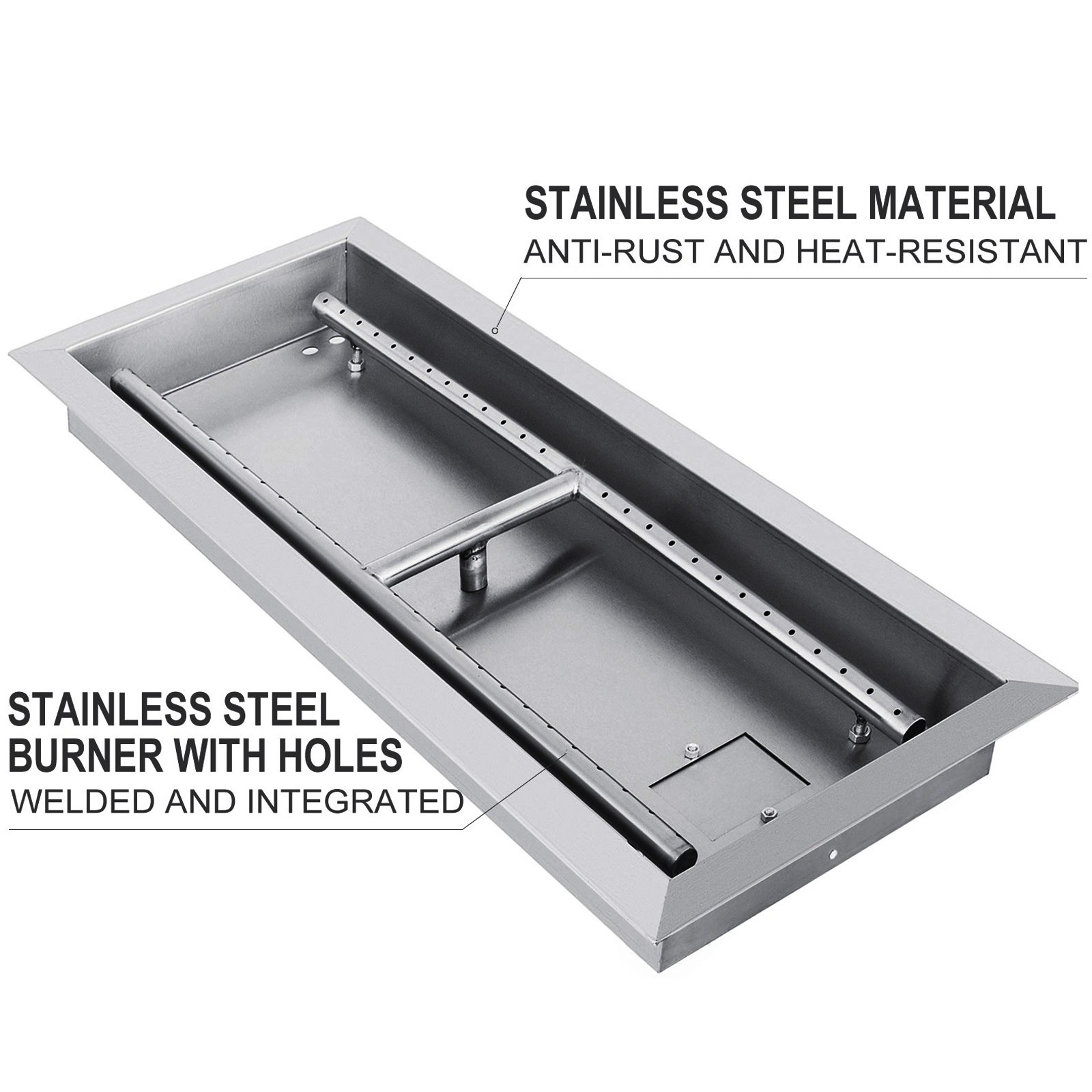 VEVOR stainless steel fire pit pan with heat-resistant, anti-rust material, and welded burner.