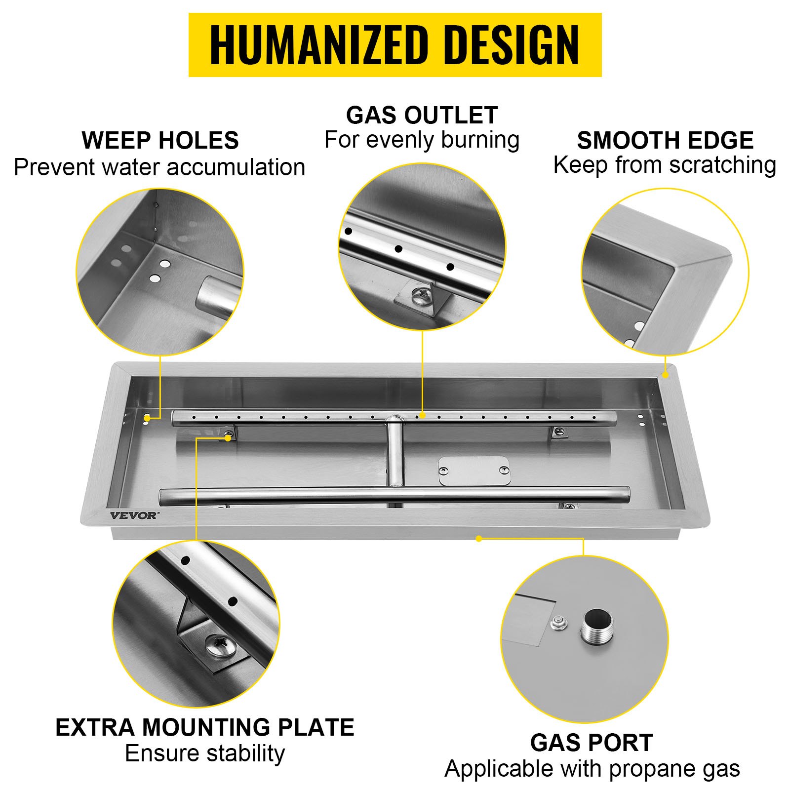 VEVOR stainless steel fire pit pan with weep holes, gas outlet, smooth edge, mounting plate.