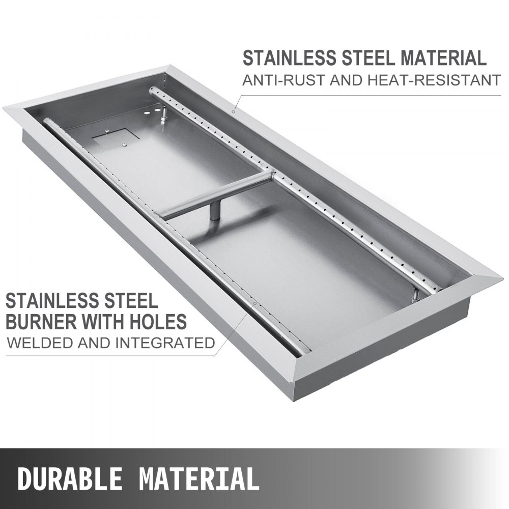 VEVOR Fill-in Fire Pit Pan Burner Natural Gas Fire Pit Burner 32x12 Inch Fire Pit Pan 8.4 LBS Stainless Steel Fill In Pan Linear Fire Pit Pan Metal Square Burner Heater