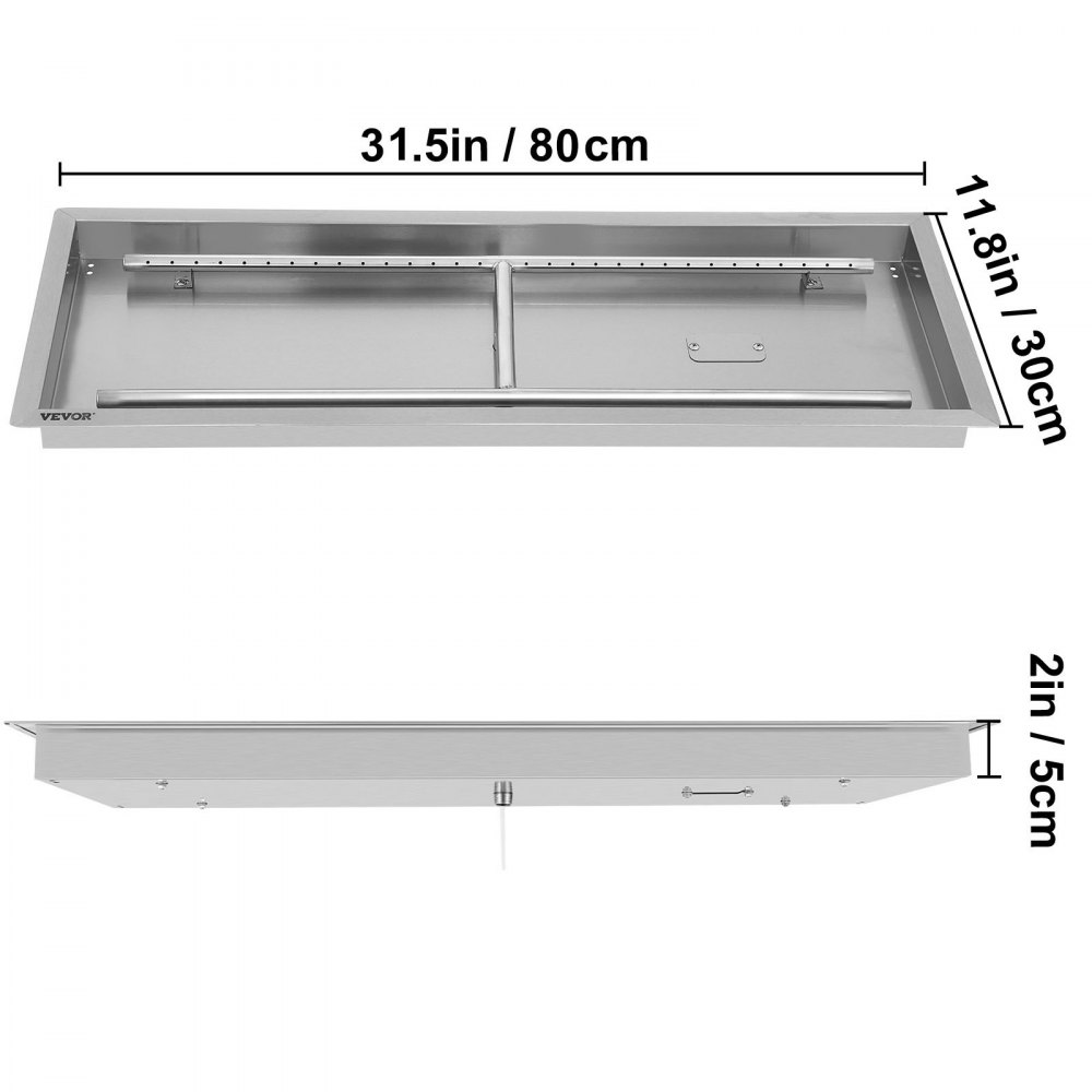 VEVOR Fill-in Fire Pit Pan Burner Natural Gas Fire Pit Burner 32x12 Inch Fire Pit Pan 8.4 LBS Stainless Steel Fill In Pan Linear Fire Pit Pan Metal Square Burner Heater