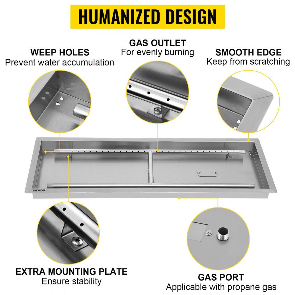 VEVOR fire pit pan with weep holes, gas outlet, smooth edge, mounting plate, and gas port.