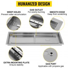 VEVOR Fire Pit Pan 31.5x12 Inch, Stainless Steel Rectangular Fire Pit Pan and Burner, Built-in Fire Pit Pan with H-Burner, 90K BTU