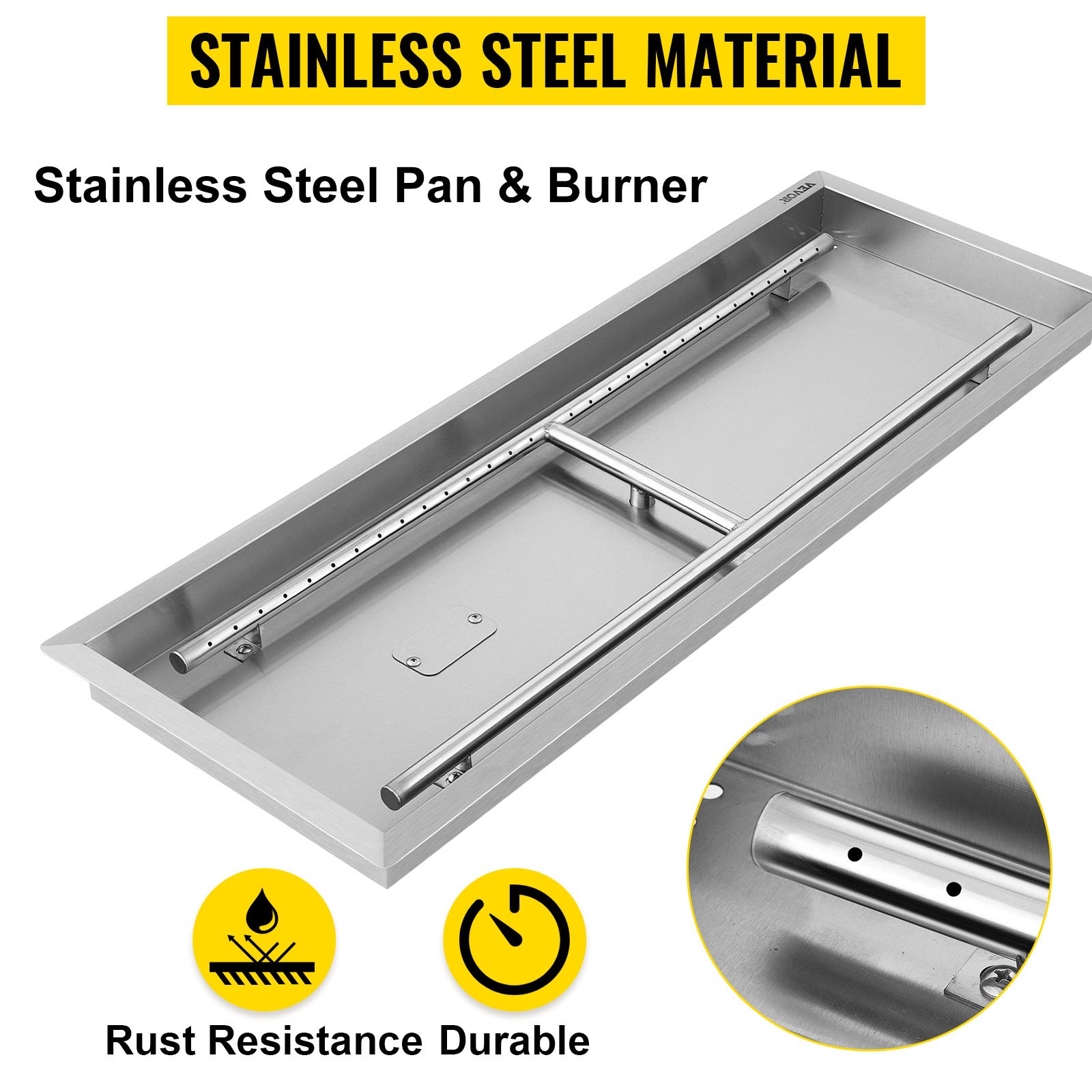 VEVOR fire pit pan made of stainless steel with rust resistance and durability.