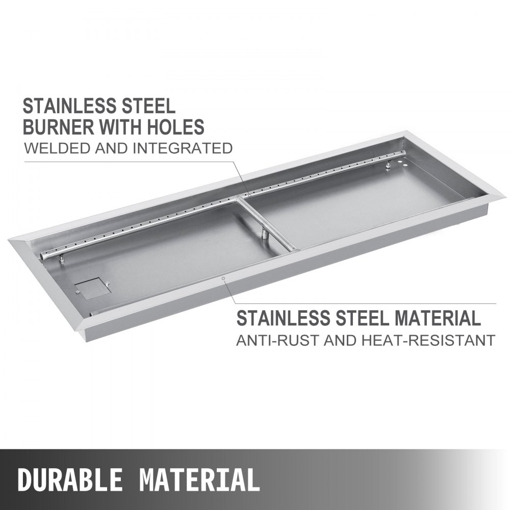 VEVOR fire pit pan with stainless steel burner, durable anti-rust, heat-resistant material.