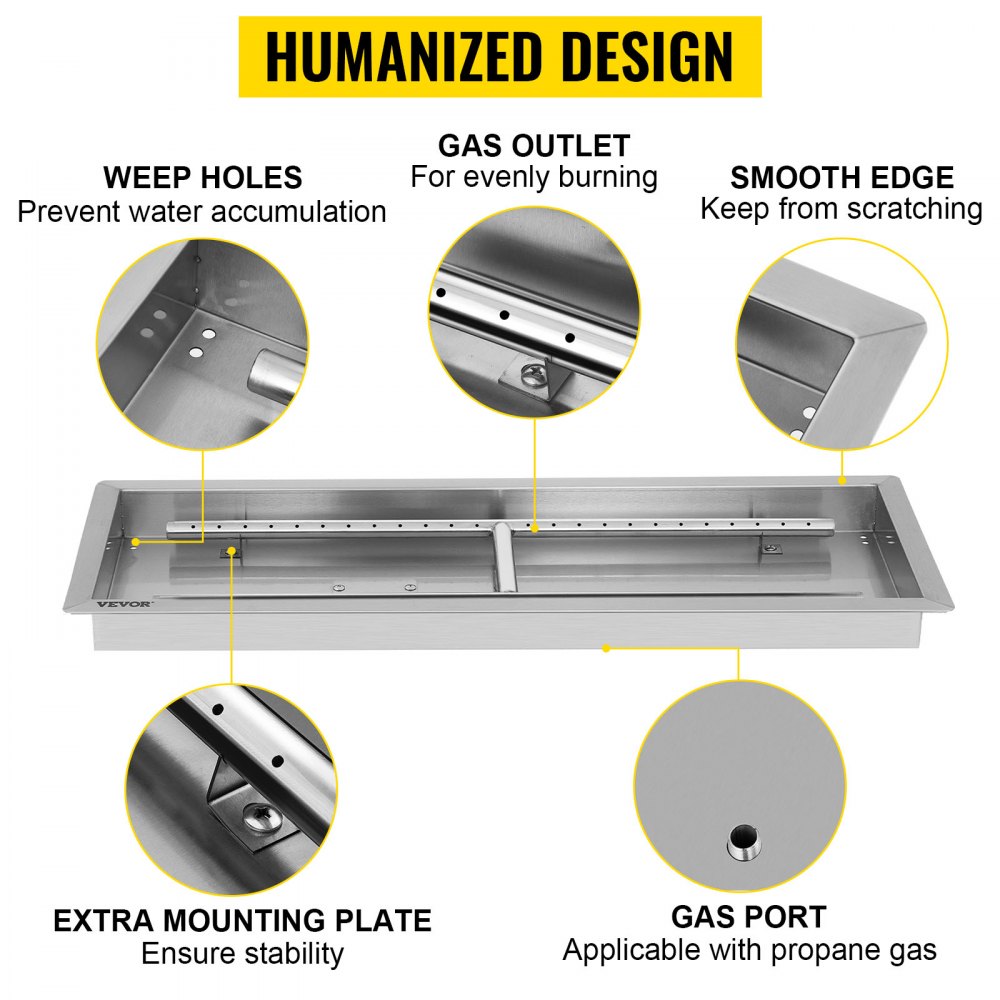 VEVOR fire pit pan with weep holes, gas outlet, smooth edge, mounting plate, and gas port.