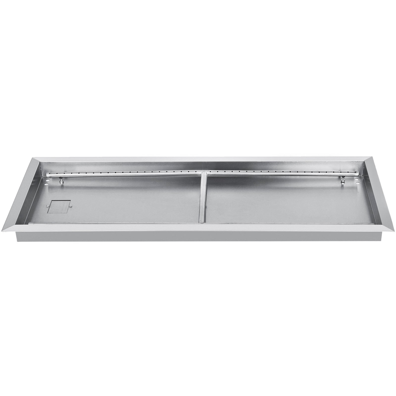 rectangular stainless steel VEVOR fire pit pan with center divider and gas connector.