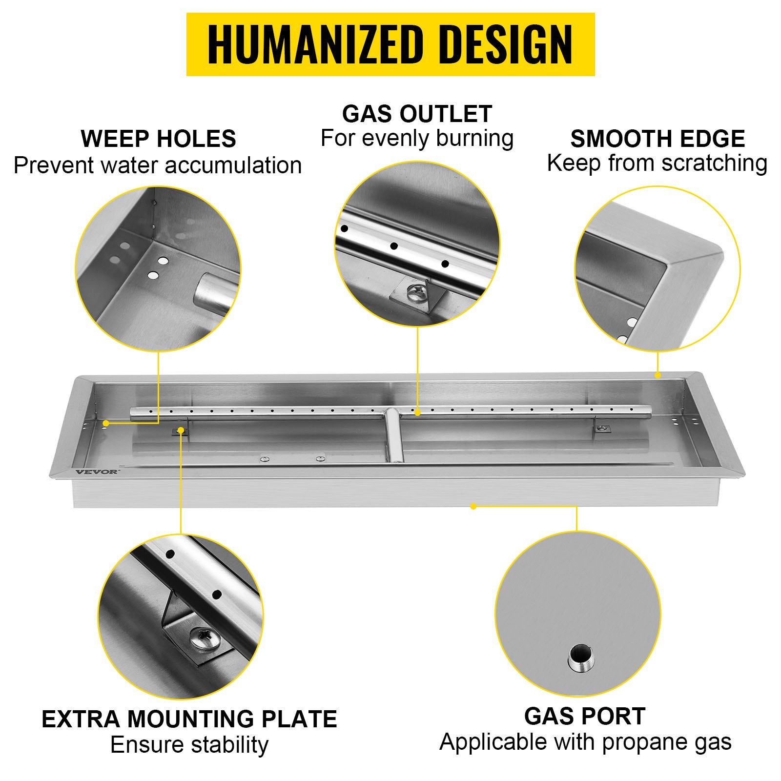 VEVOR fire pit pan with weep holes, gas outlet, smooth edge, mounting plate, and gas port.