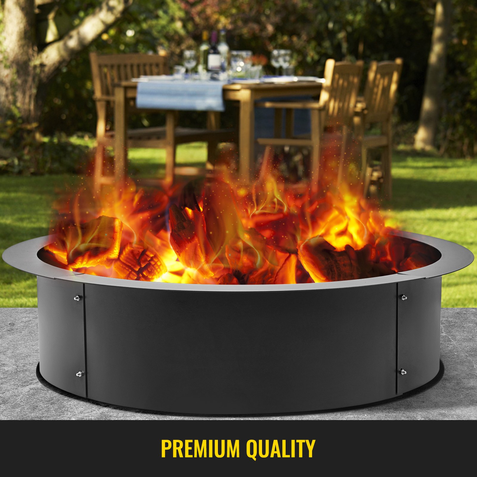 VEVOR fire pit ring with blazing fire, set in a scenic backyard with a dining area.