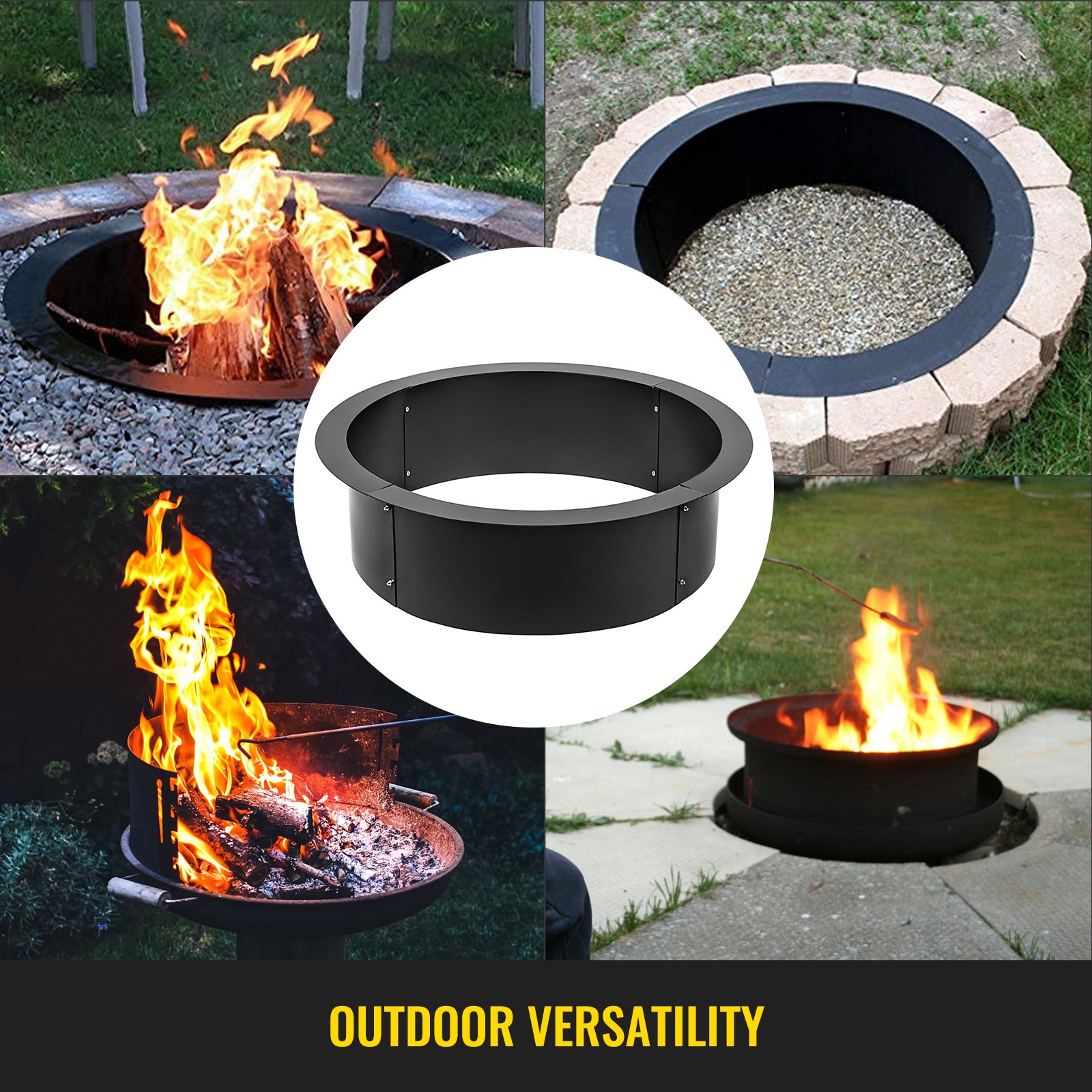 VEVOR fire pit ring in various outdoor settings, showcasing its versatility and functionality.