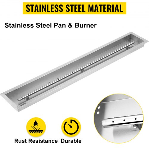 VEVOR Fill-in Fire Pit Pan Burner Natural Gas Fire Pit Burner 48x6 Inch Fire Pit Pan 8.3 LBS Stainless Steel Fill In Pan Linear Fire Pit Pan Metal Square Burner Heater