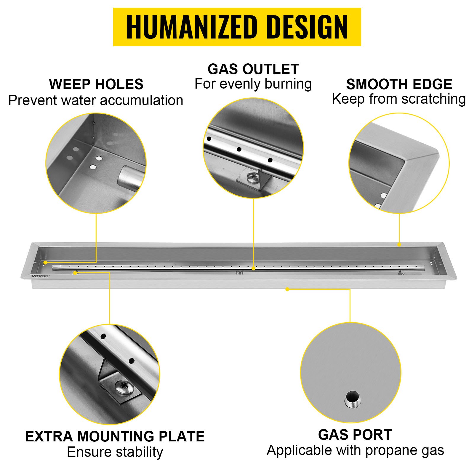 VEVOR Fill-in Fire Pit Pan Burner Natural Gas Fire Pit Burner 48x6 Inch Fire Pit Pan 8.3 LBS Stainless Steel Fill in Pan Linear Fire Pit Pan Metal Square Burner Heater