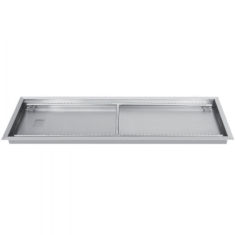 rectangular stainless steel VEVOR fire pit pan with inner divider and gas connection.