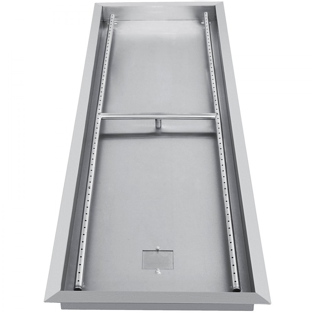 rectangular stainless steel VEVOR fire pit pan with dual gas burner tubes.