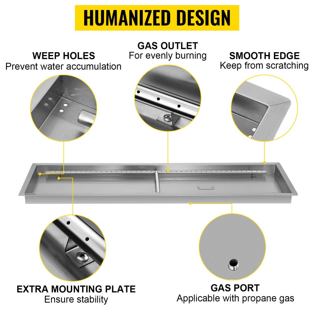 VEVOR fire pit pan features weep holes, gas outlet, smooth edge, mounting plate, and gas port.