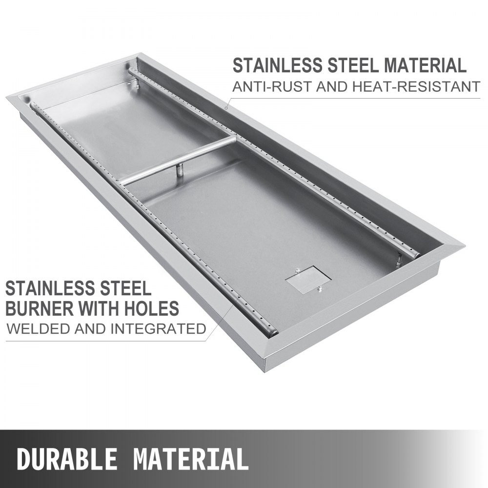 VEVOR Fire Pit Pan,Stainless Steel Linear Trough Fire Pit Pan and Burner,Built-in Fire Pit Burner Pan for Propane Gas (49x16 Inch)