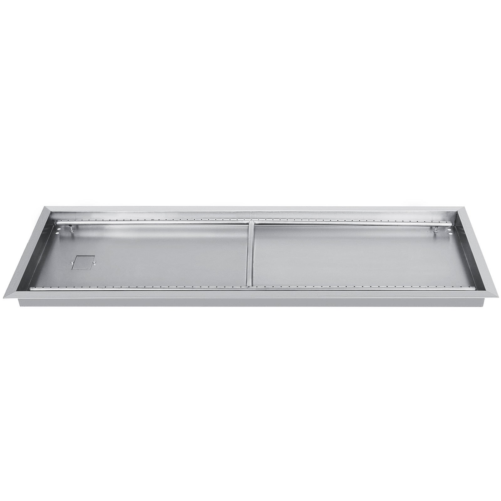 rectangular stainless steel VEVOR fire pit pan with inner divider and gas connection.