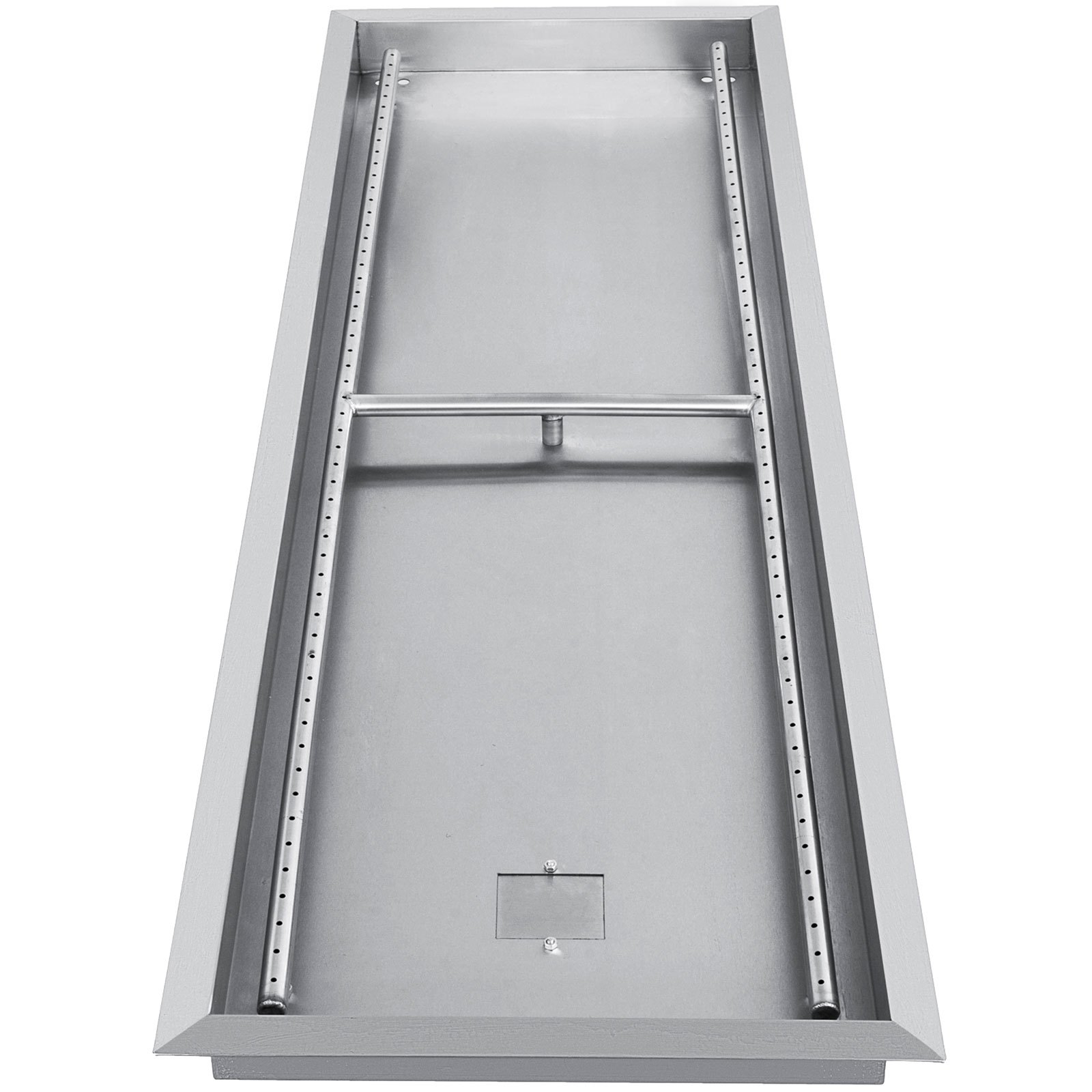 rectangular stainless steel VEVOR fire pit pan with dual gas burner tubes.