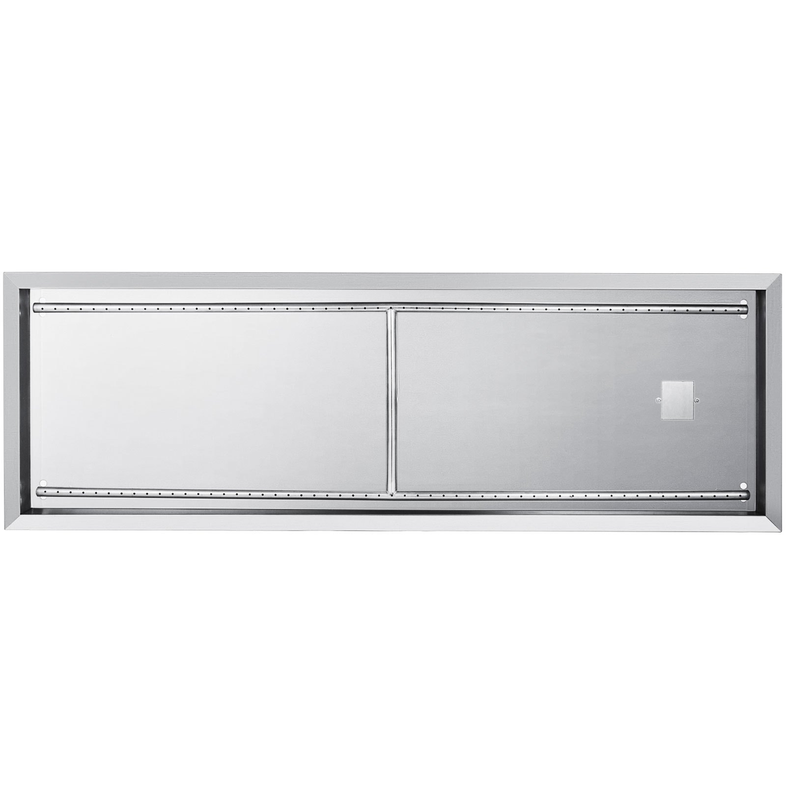 rectangular stainless steel VEVOR fire pit pan with square burner and ignition box.