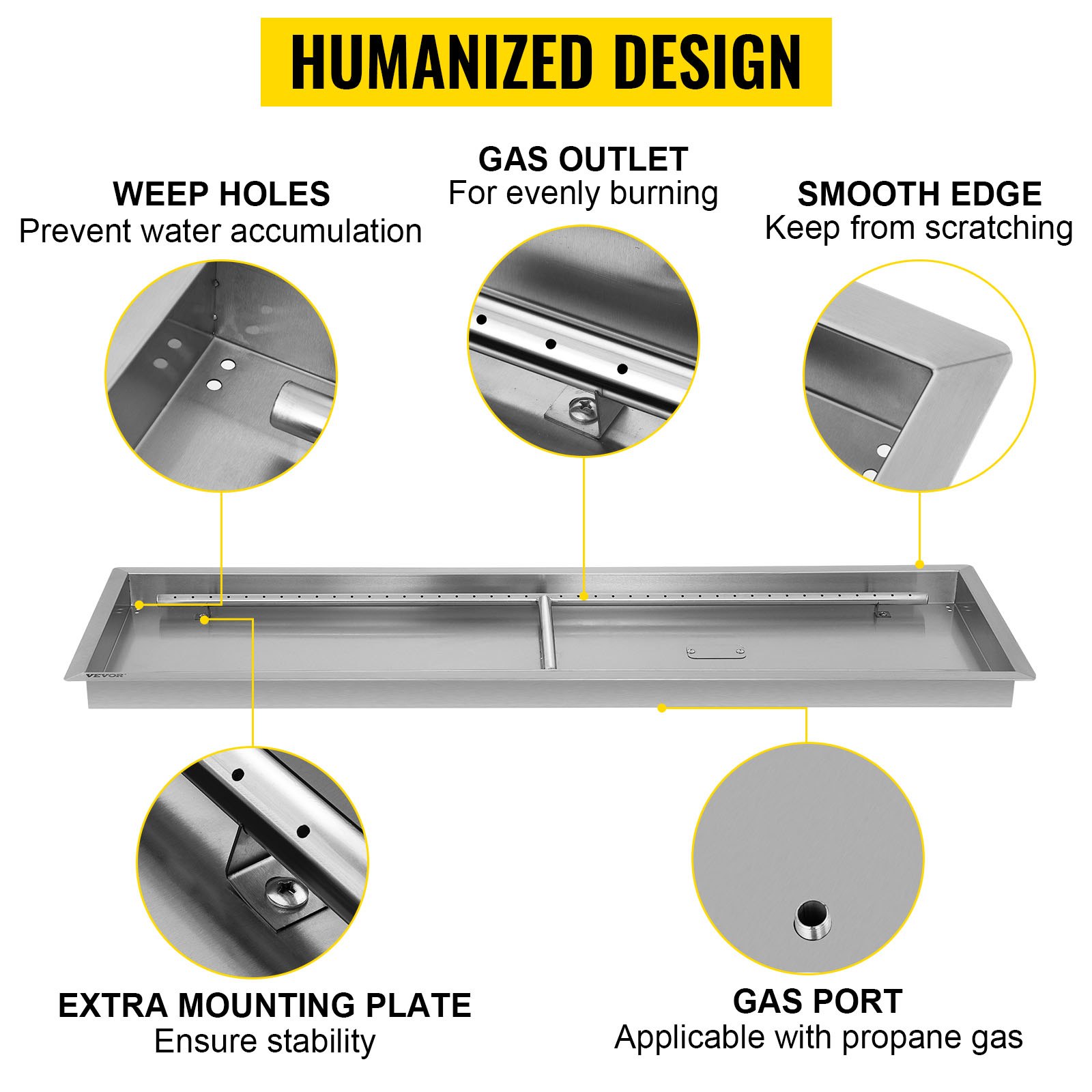 VEVOR fire pit pan features weep holes, gas outlet, smooth edge, mounting plate, and gas port.