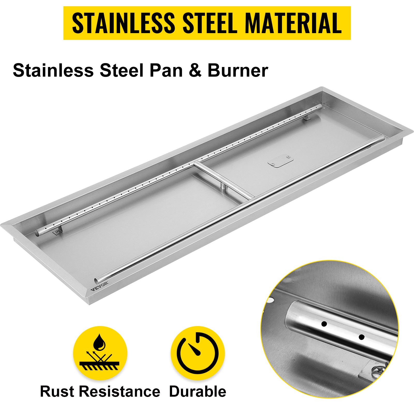 VEVOR fire pit pan with stainless steel pan and burner, rust-resistant and durable.