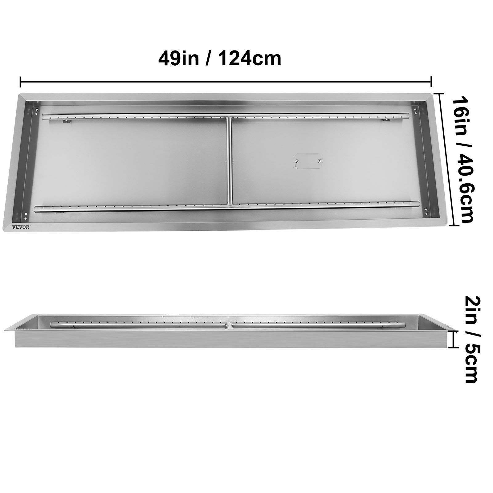 VEVOR fire pit pan, 49in x 16in x 2in, stainless steel rectangular design.