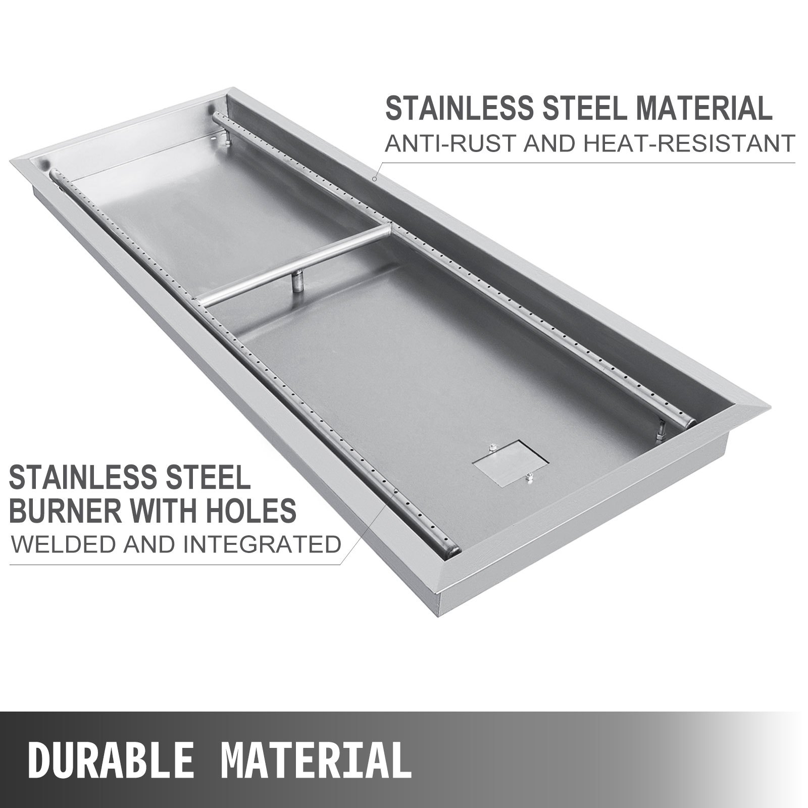 VEVOR 49x16 Inch Fire Pit Pan, Stainless Steel Rectangular Fire Pit Pan with H-Burner, Drop-in Fire Pit Pan 185K BTU
