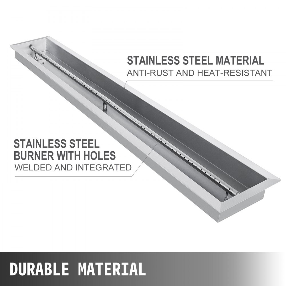 VEVOR Fire Pit Pan 61x8 Inch, Stainless Steel Linear Trough Fire Pit Pan and Burner, Built-in Fire Pit Burner Pan, 110K BTU