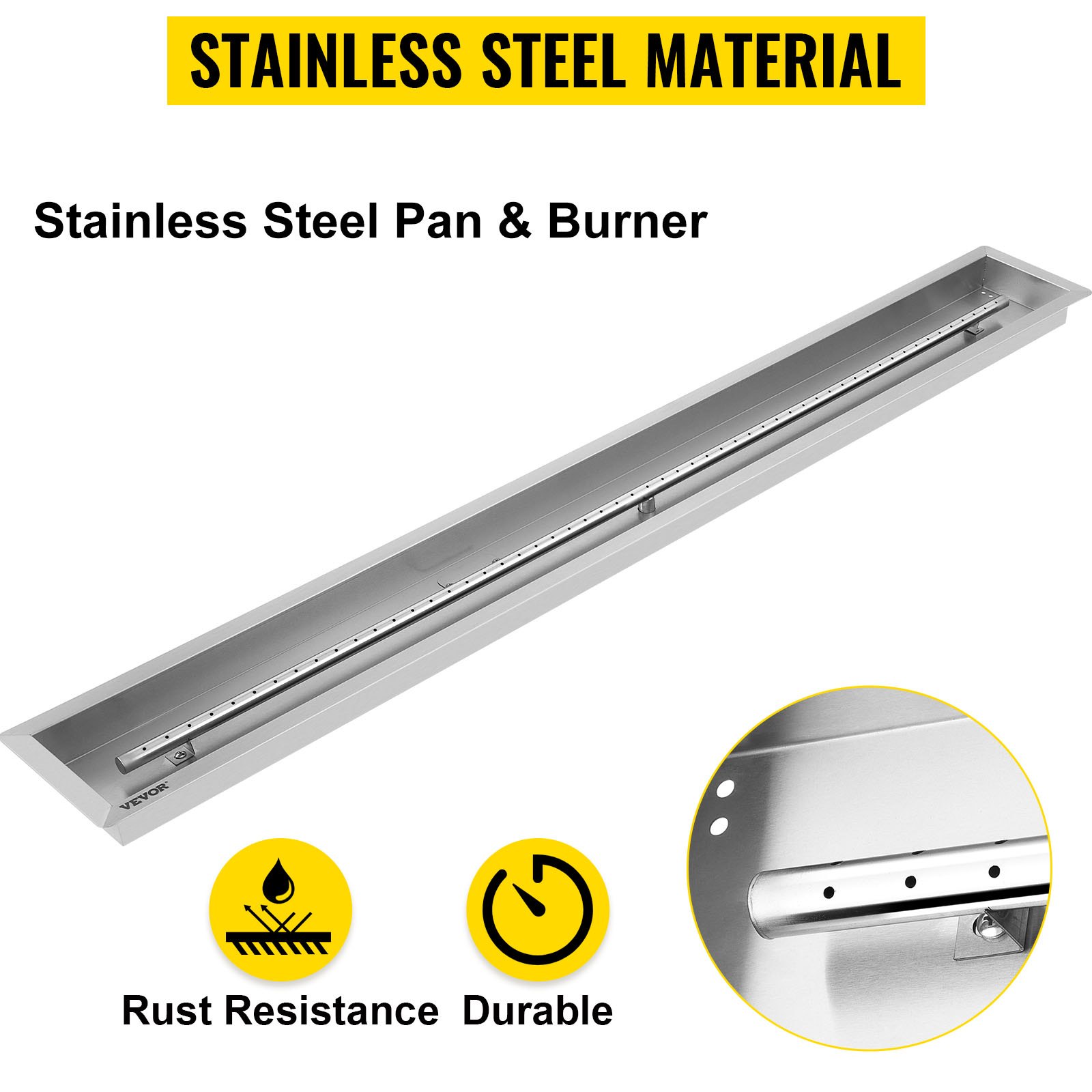 VEVOR Fill-in Fire Pit Pan Burner Natural Gas Fire Pit Burner 59'' x 6'' Inch Fire Pit Pan Stainless Steel Fire Pan Linear Fire Pit Pan Metal Square Burner Heater