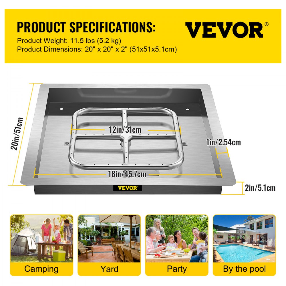VEVOR Drop in Fire Pit Pan, 18" x 18" Square Fire Pit Burner, Stainless Steel Gas Fire Pan, Fire Pit Burner Pan w/ 1 Pack Volcanic Rock Fire Pit Insert w/ 90K BTU for Keeping Warm w/ Family & Friends
