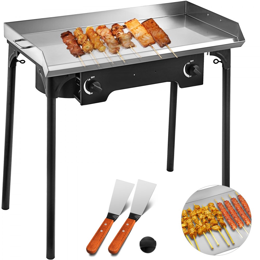 VEVOR Flat Top Griddle Grill & Propane Fueled 2 Burners Stove Stainless Steel with 4 Spatula & Scraper, 32\" x 17\"