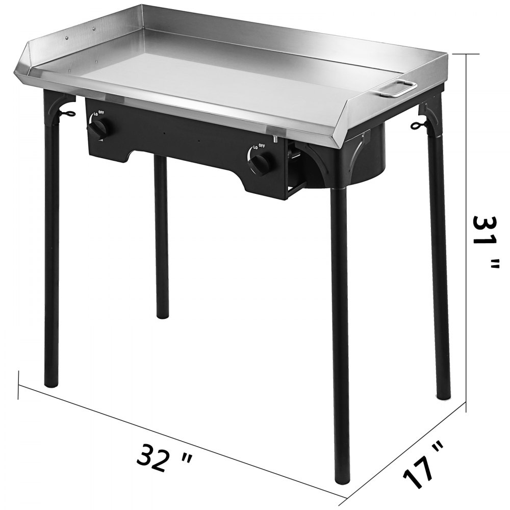 VEVOR Flat Top Griddle Grill & Propane Fueled 2 Burners Stove Stainless Steel with 4 Spatula & Scraper, 32" x 17"