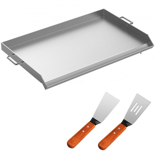 VEVOR Stainless Steel Griddle,32" X 17" Universal Flat Top Rectangular Plate , BBQ Charcoal/Gas Grill with 2 Handles and Grease Groove with Hole，Grills for Camping, Tailgating and Parties .
