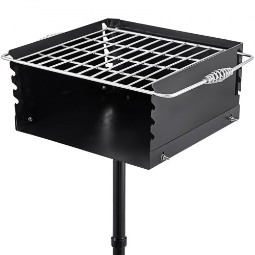 VEVOR Park Style Charcoal Grill 16x16x8 Inch with Grate, Single Post Carbon Steel Park Grill 50 Inch Height Pole, Heavy Duty Outdoor Park Grill for BBQ, Camping, Backyard