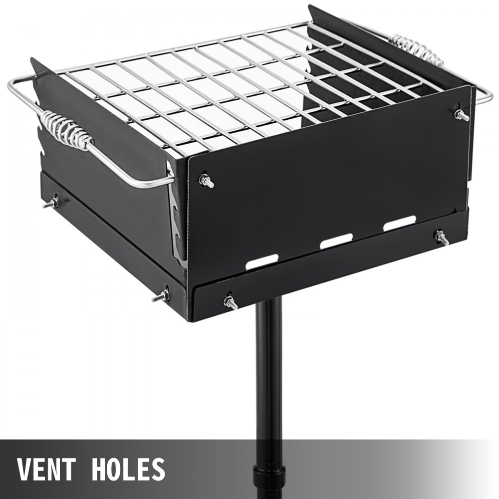 VEVOR Parrilla de carbón estilo parque de 16.0 x 16.0 x 8.0 in con rejilla, parrilla de acero al carbono de un solo poste de 50.0 in de altura, resistente parrilla de parque al aire libre para barbacoa, camping, patio trasero