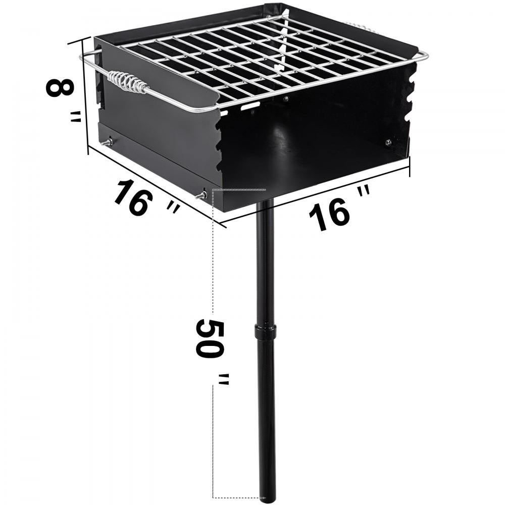 VEVOR Parrilla de carbón estilo parque de 16.0 x 16.0 x 8.0 in con rejilla, parrilla de acero al carbono de un solo poste de 50.0 in de altura, resistente parrilla de parque al aire libre para barbacoa, camping, patio trasero