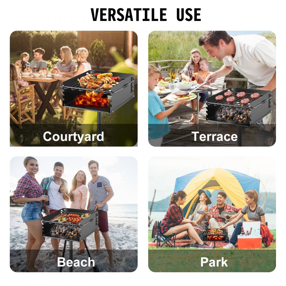 VEVOR Park Style Charcoal Grill 21x21x8 Inch with Grate, Single Post Carbon Steel BBQ Wood Grill 50 Inch Height Pole, Heavy Duty Outdoor Park Grill for BBQ, Camping or Backyard