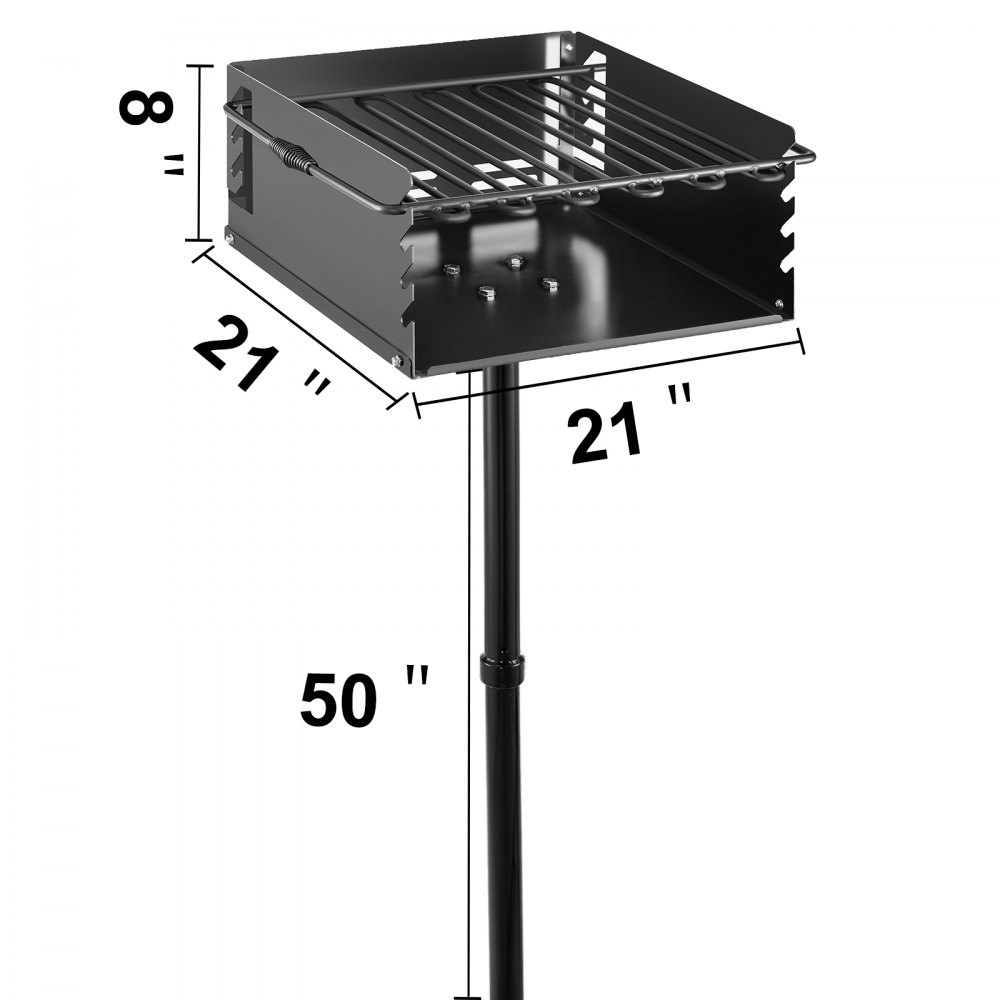 VEVOR Park Style Charcoal Grill 21x21x8 Inch with Grate, Single Post Carbon Steel BBQ Wood Grill 50 Inch Height Pole, Heavy Duty Outdoor Park Grill for BBQ, Camping or Backyard
