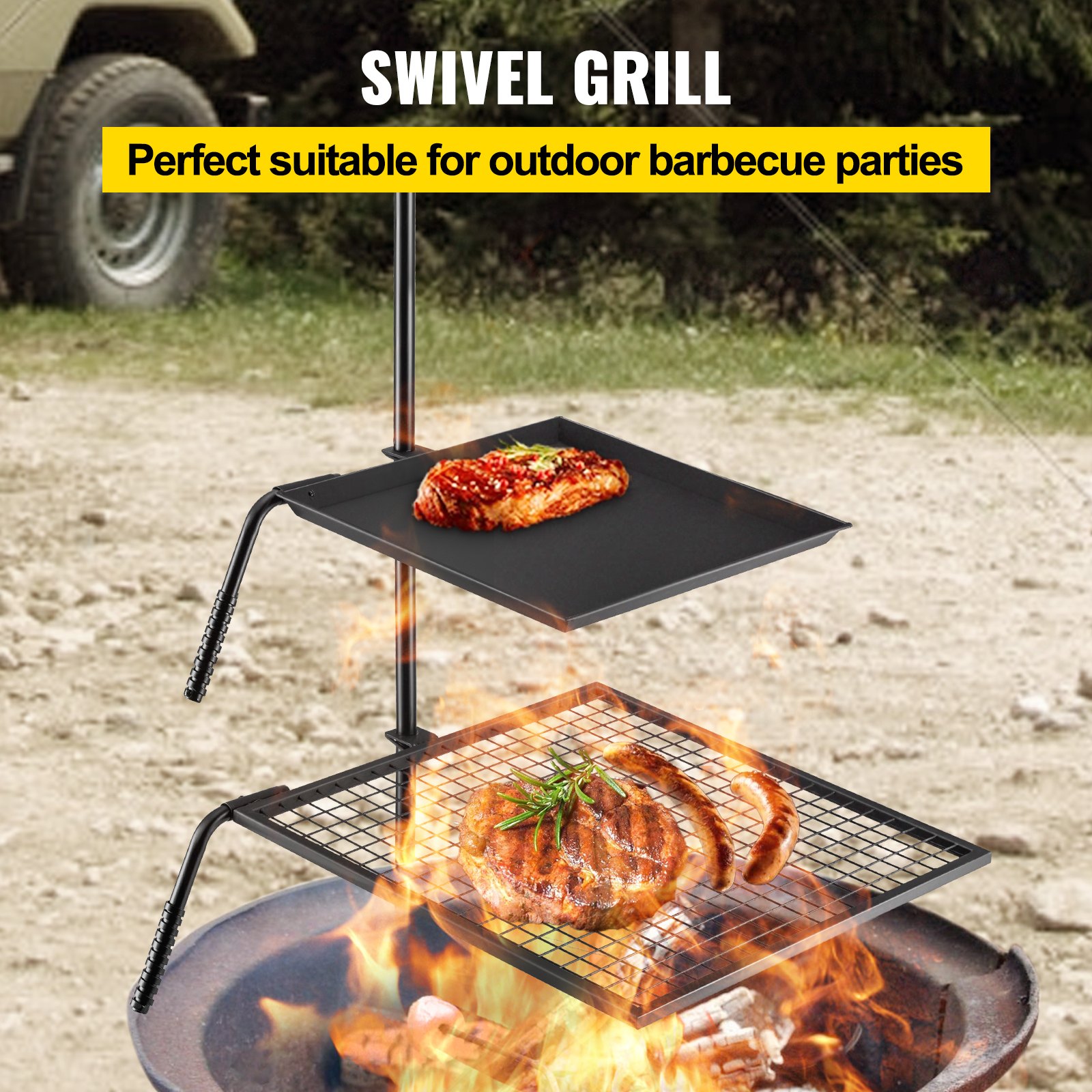 VEVOR Campfire Grill Grate,Double Layer Fire Pit Grill Grate Over Fire Pit,Three Section Height Adjustable Grill Grate for Outdoor Open Flame Cooking